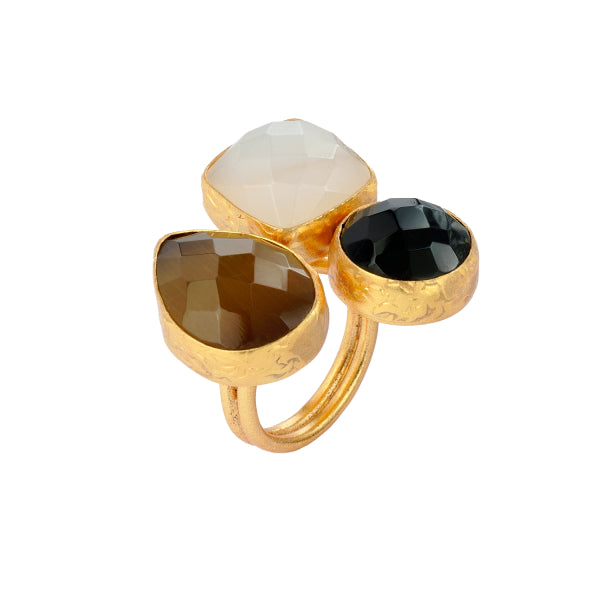 Bague Oriana - Onyx, calcédoine et oeil de chat