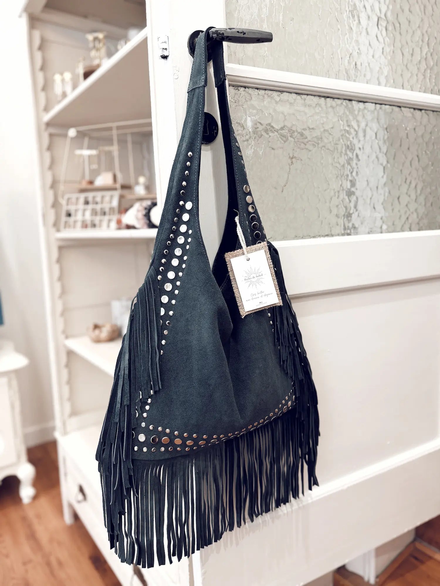 Sac en daim à franges – bleu jeans (L)