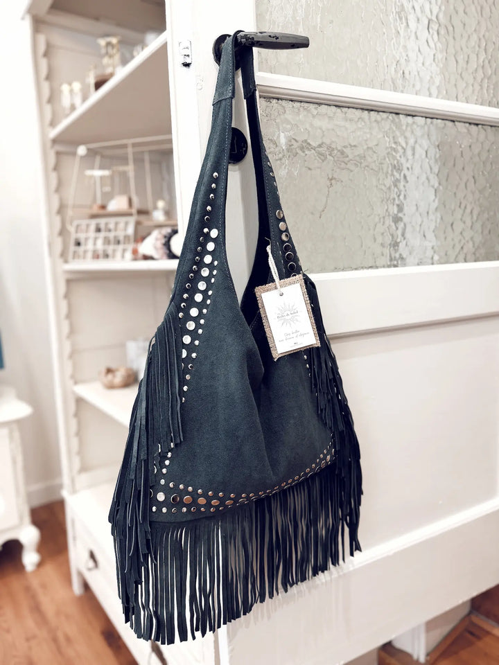 Sac en daim à franges – bleu jeans (L)
