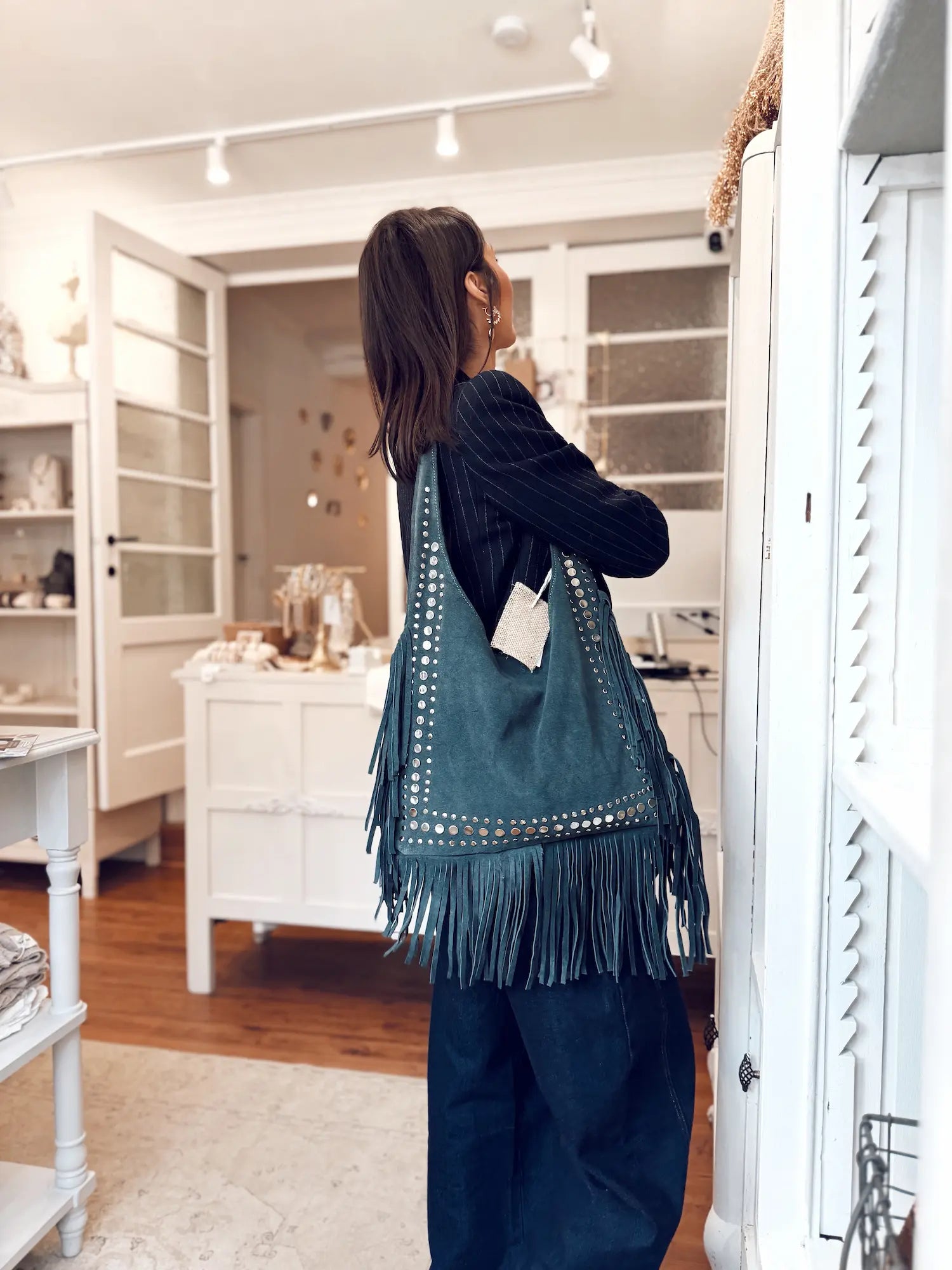 Sac en daim à franges – bleu jeans (L)