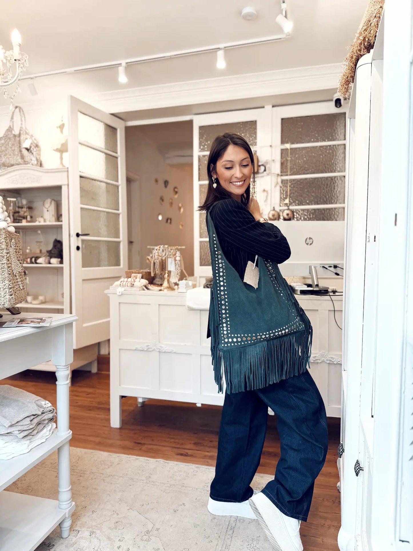 Sac en daim à franges – bleu jeans (L)
