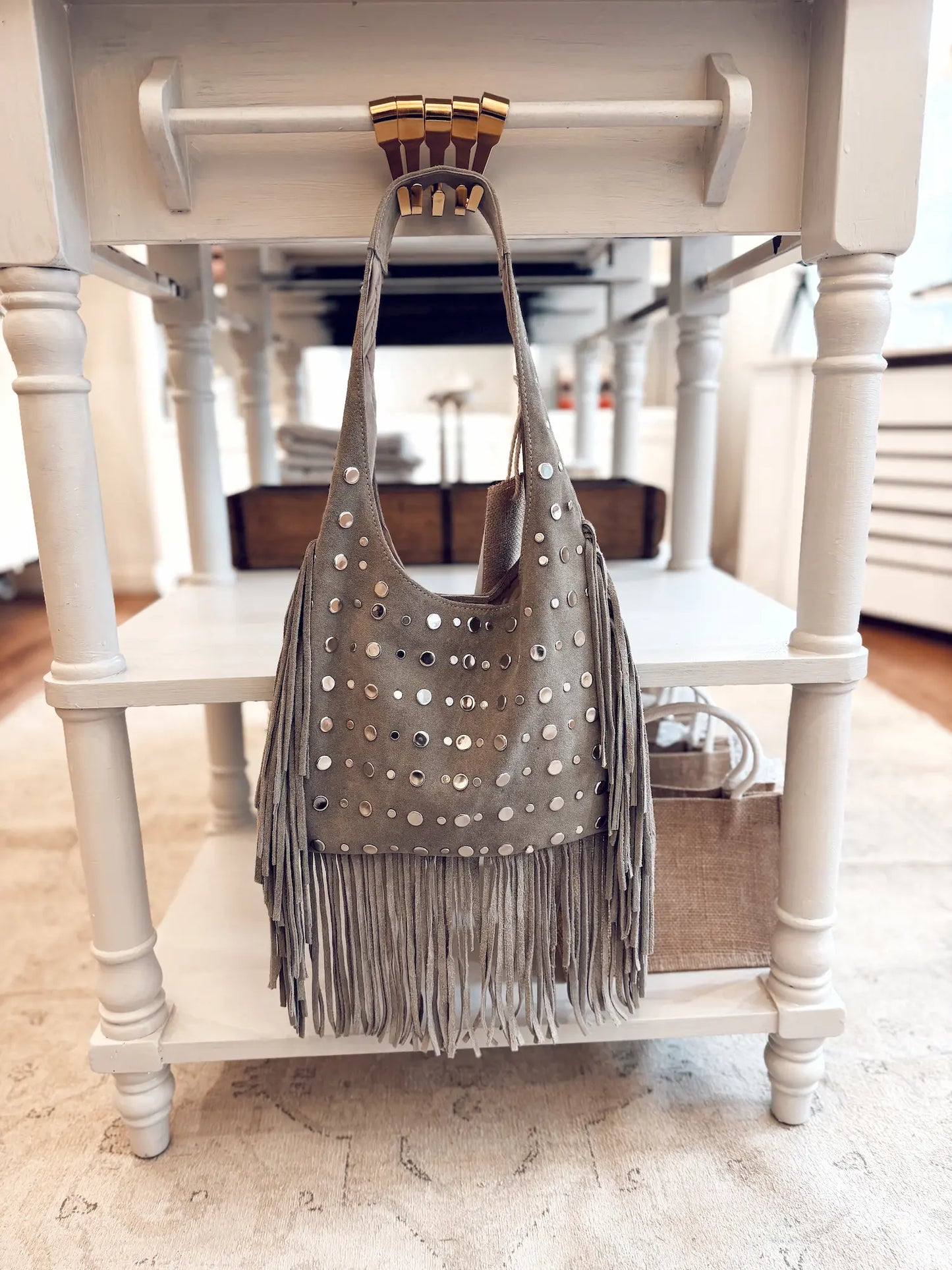 Sac en daim à franges – gris (M)