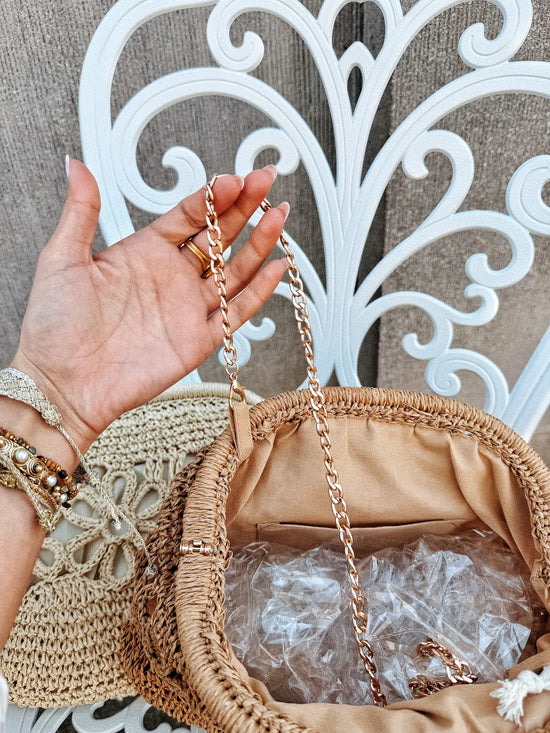 Sac pochette en raphia - camel
