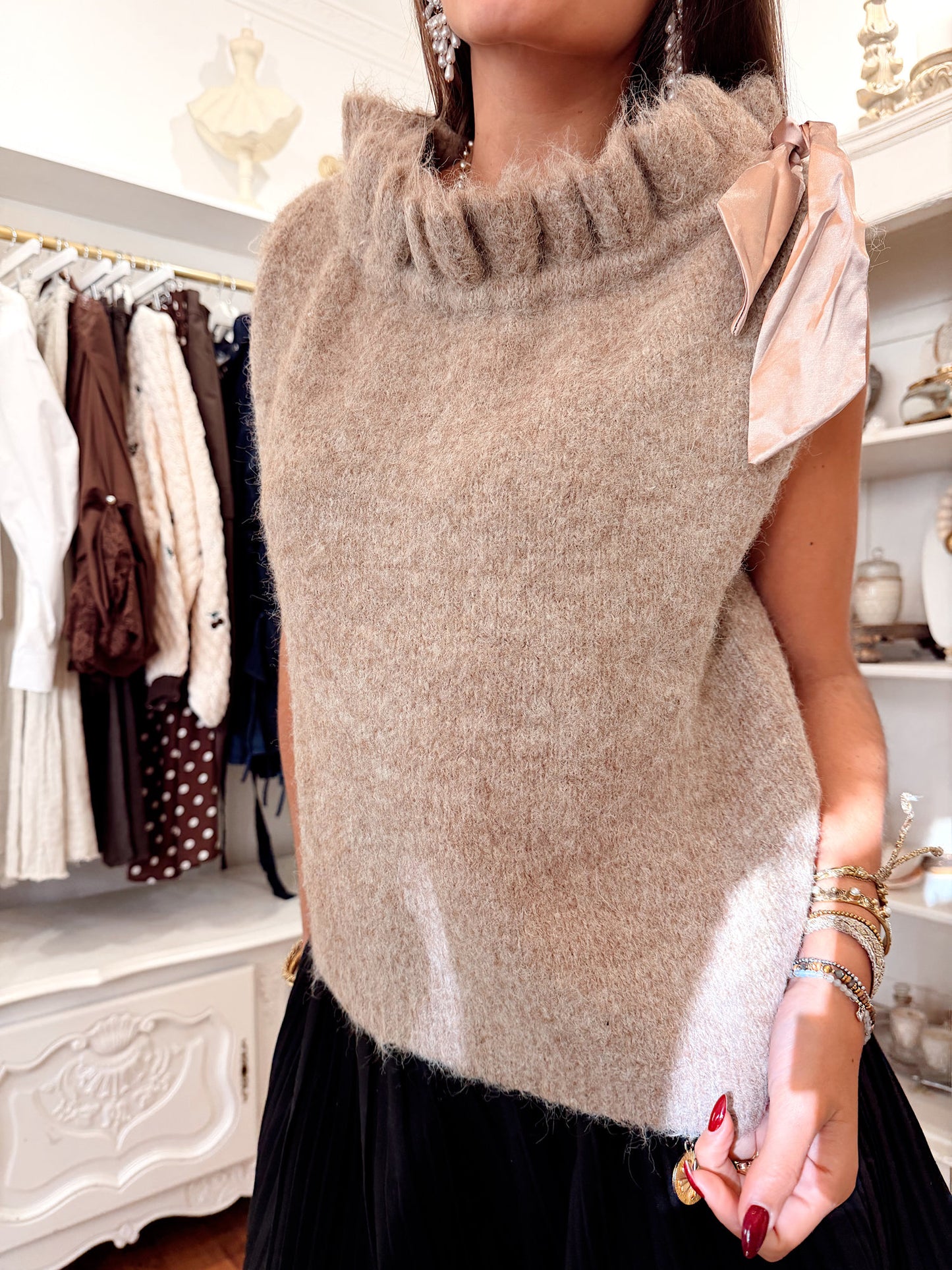 Pull sans manches à col modulable - Alméa beige