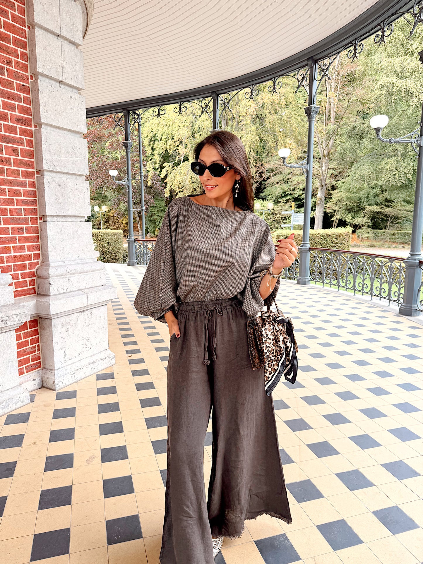 Blouse brune motif pied-de-poule - Élia