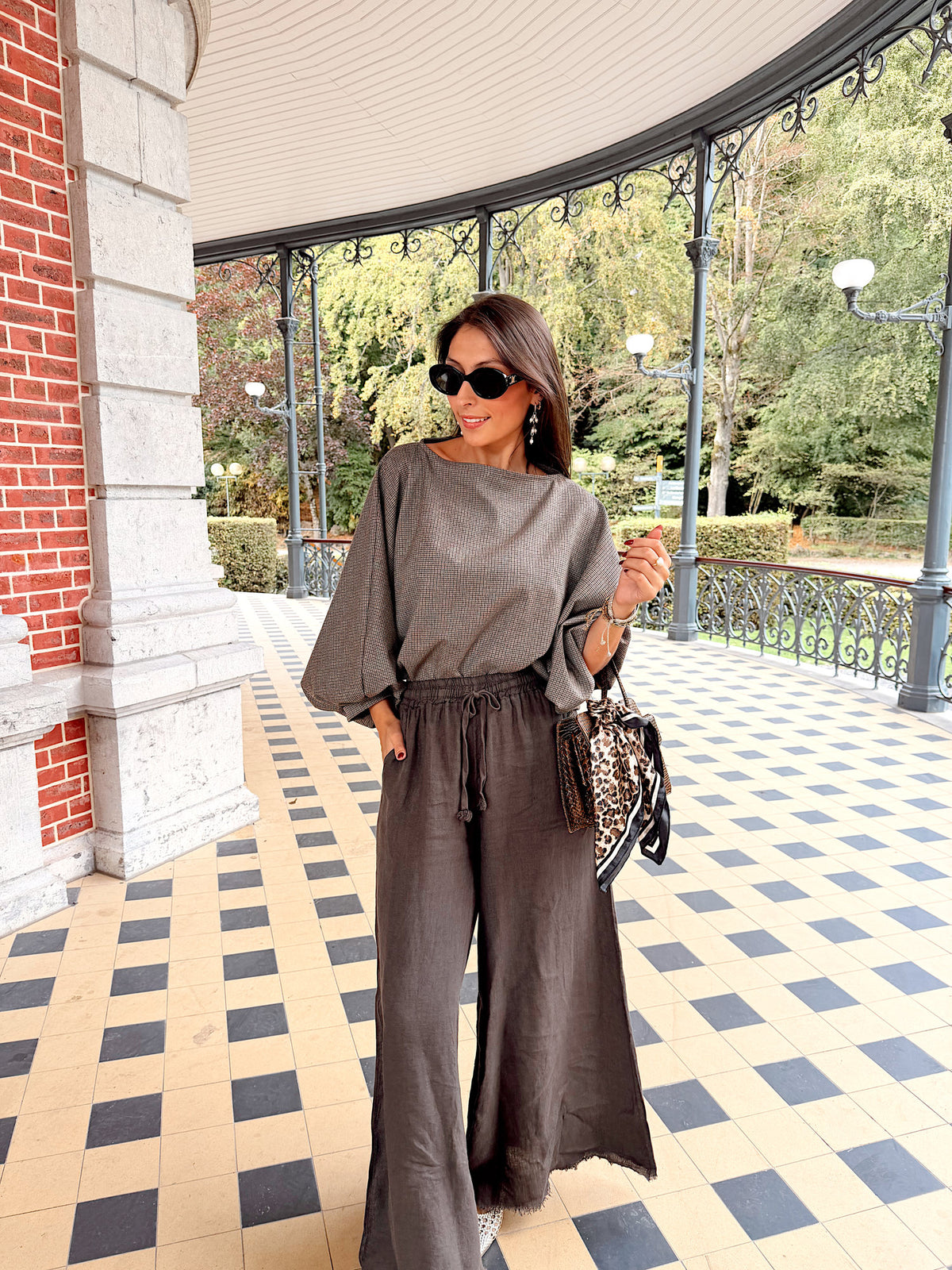 Blouse brune motif pied-de-poule - Élia