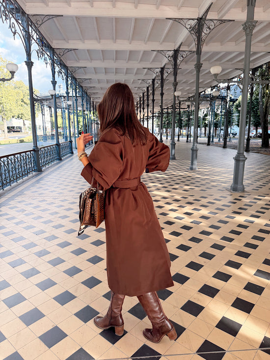 Trench long à manches bouffantes - chocolat