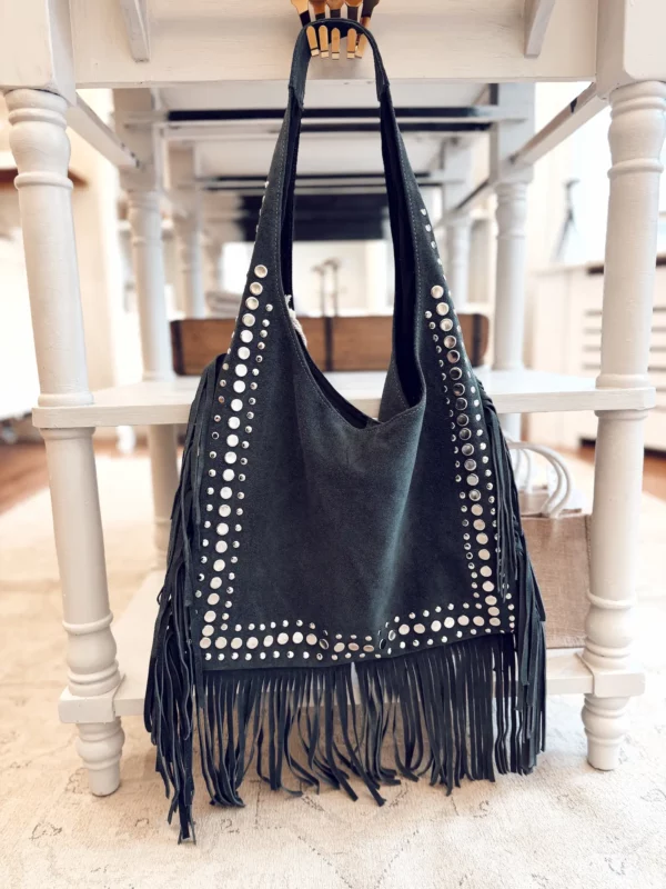 Sac en daim à franges – bleu jeans (L)
