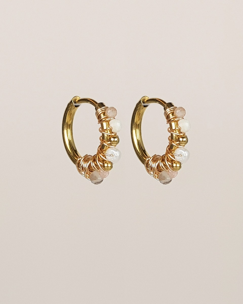 Petites boucles d'oreille créoles - Pierre de lune blanche