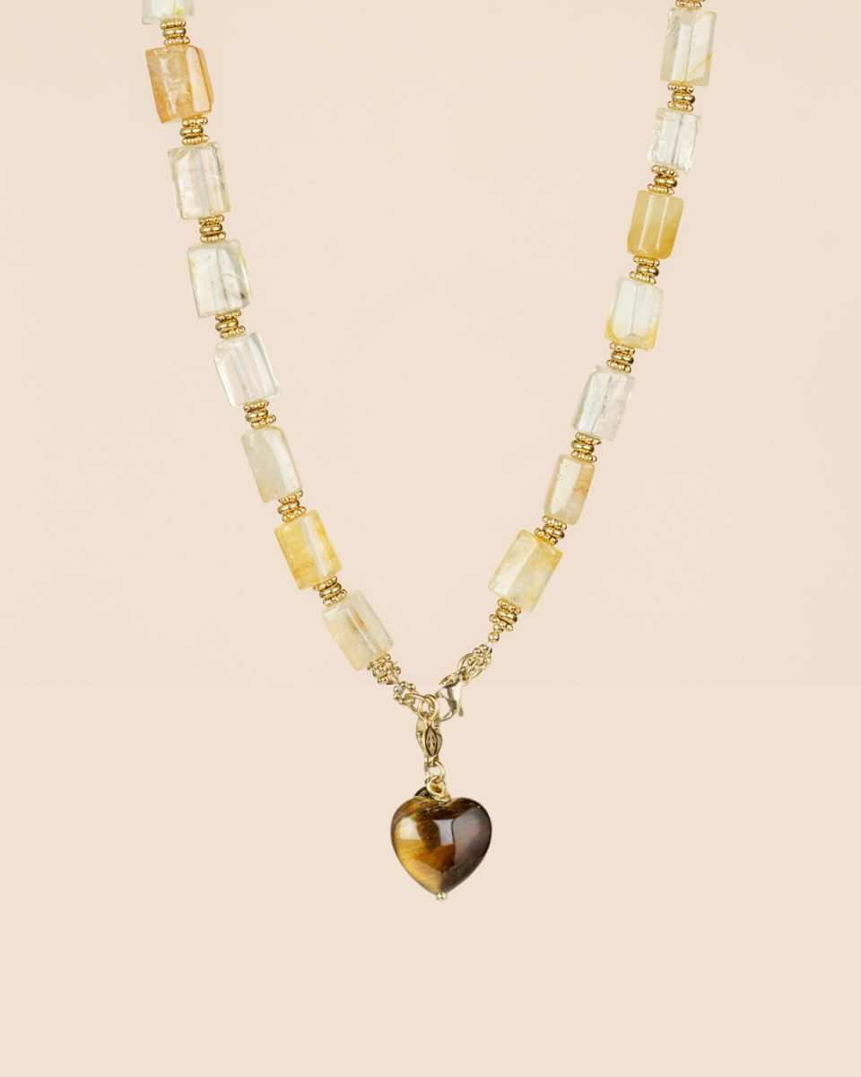 Collier Citrine – pendentif cœur oeil de tigre