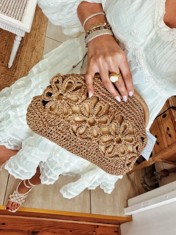 Sac pochette en raphia - camel